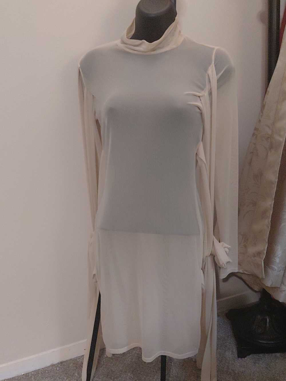 Sheer Long-Sleeve Cream Layered Midi Dress